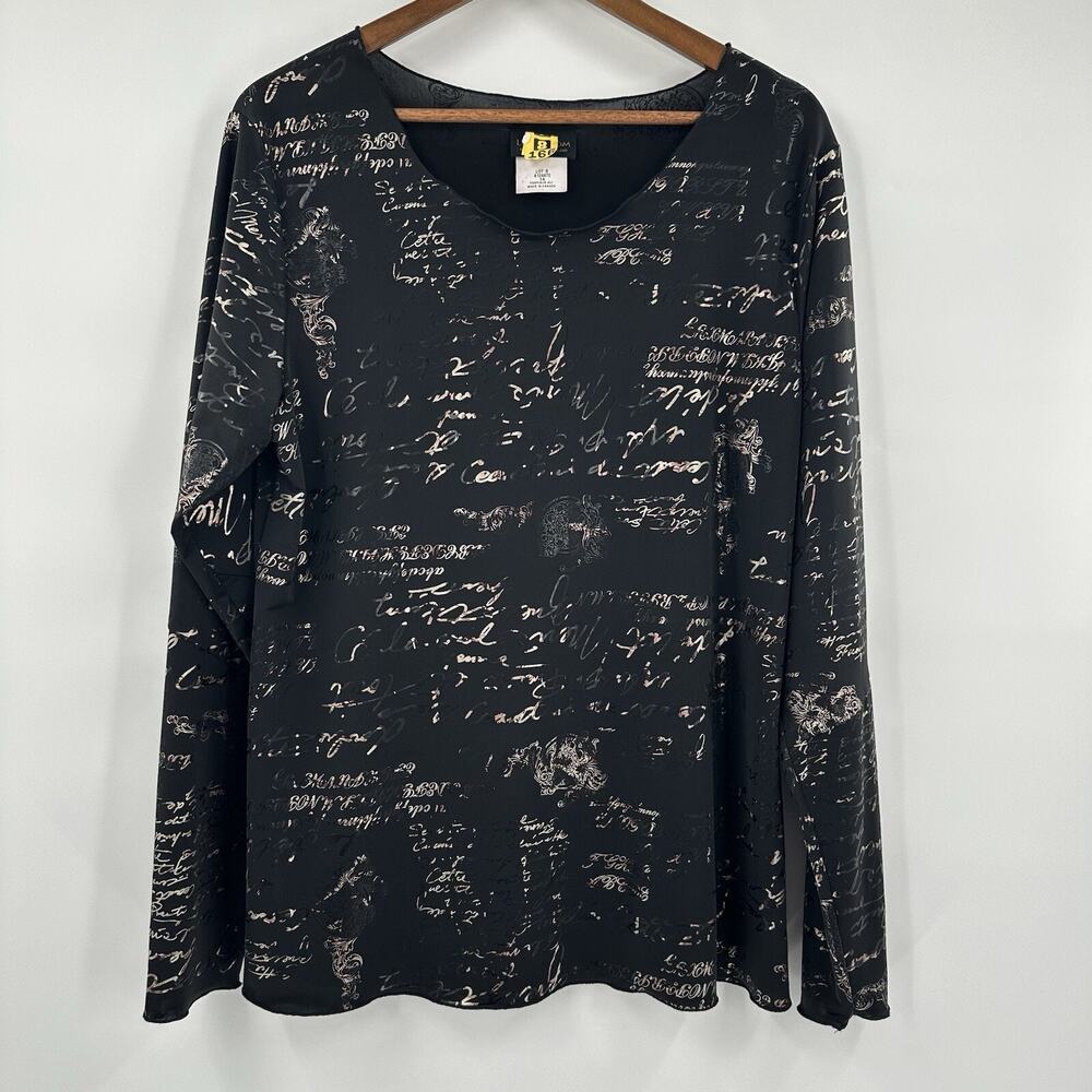 Linda Lundstrom Top Shirt Womens 14 Black Script Slinky Foil Art Casual Stretch‎